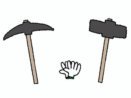 ハンマーなど ハンマー,軍手,小十字鍬,pop調,手描き,挿絵,ワンポイント,素材,商用可,無料のイラスト素材