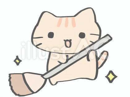 掃除をするねこ ほうき