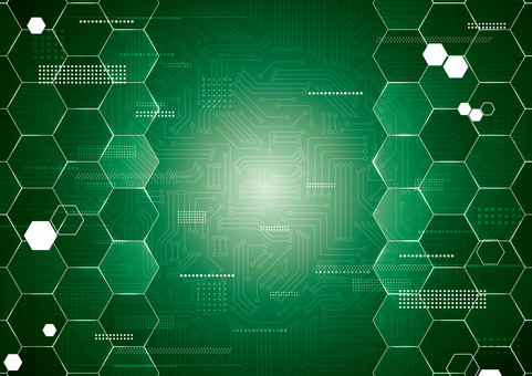 デジタルな六角形と電子回路の緑色の背景 デジタル,テクノロジー,電子回路,基盤,六角形,スタイリッシュ,緑色,背景のイラスト素材