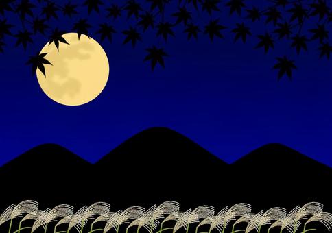 中秋の名月・十五夜と山と紅葉の秋の風景 黄金色,すすき,植物,夜,満月,十五夜,中秋,名月,秋,紅葉のイラスト素材