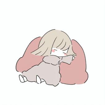 だらっとした女性 クッション,女,寝る,睡眠,だらだら,だるそう,疲労,リラックス,ワンピース,休日のイラスト素材
