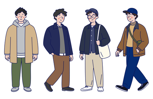 おしゃれな男子の冬の私服コーデセット 男性,私服,カジュアル,ファッション,ニット,ジャケット,パンツ,スウェット,トレーナー,シャツのイラスト素材