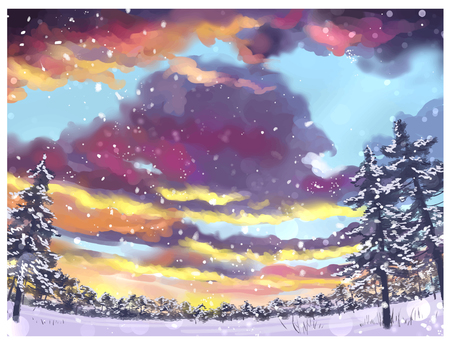 冬のモミの木 冬のモミの木 冬,景色,風景,雪,空,雲,樹木,モミの木,手書き,水彩のイラスト素材