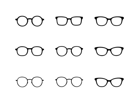 様々なめがねのフレームイラストセット 眼鏡,フレーム,ラウンド,スクエア,丸眼鏡,レンズ,シンプル,セット,イメージ,視力のイラスト素材