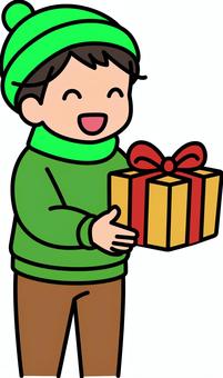 プレゼントを貰う緑の男の子です。 プレゼント,シンプル,ギフト,喜ぶ,受け取り,サプライズ,笑顔,贈り物,手渡し,お祝いのイラスト素材