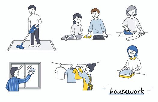 家事をする男女の日常風景イラストセット 人物,男性,女性,家事,掃除,料理,洗濯,窓拭き,アイロン,畳むのイラスト素材