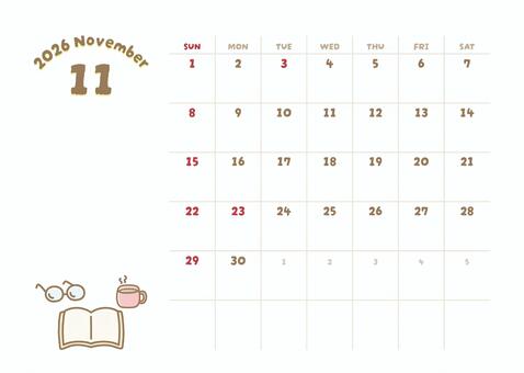 2026年11月カレンダー 本 読書の秋 カレンダー,2026年,2026年カレンダー,11月,１１月,11月カレンダー,カレンダー11月,十一月,2026年11月カレンダー,秋のイラスト素材