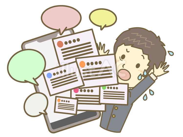 SNSコメントが押し寄せる男子中学生 スマートフォン,スマホ,男子のイラスト素材