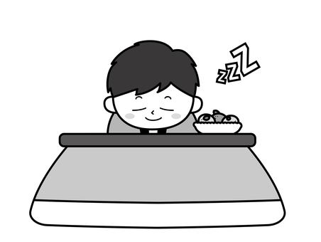 こたつで寝ちゃった男の子のイラスト、白黒 冬,こたつ,男の子,人物,少年,寝る,みかん,果物,籠,あったかいのイラスト素材