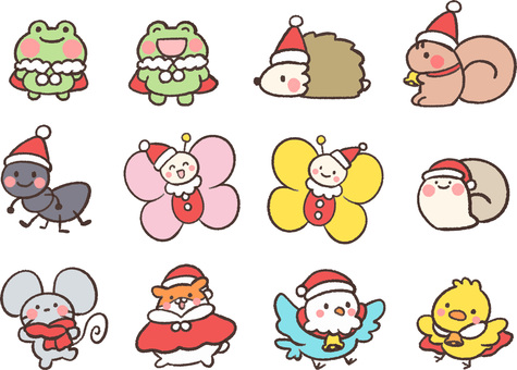 手書き風小さい動物クリスマスセット 小さい,動物,生き物,可愛い,パステル,カエル,ちょうちょ,ハリネズミ,リス,アリのイラスト素材