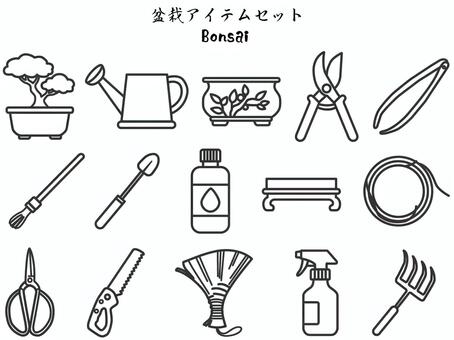 盆栽アイテム整理収納アイコン線画セット 盆栽,陶器,盆栽鉢,ジョウロ,肥料,薬剤,ふるい,土入れ,展示台,剪定のイラスト素材