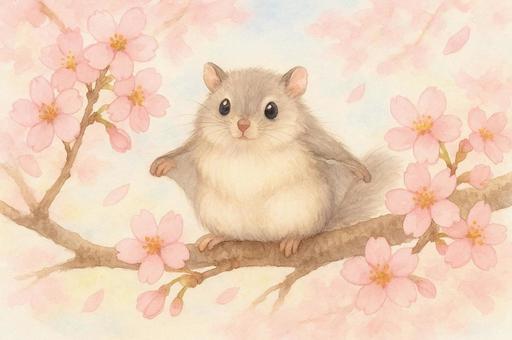 桜の木にとまるモモンガ