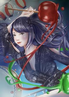 夏祭り 祭り,太鼓,提灯,りんご飴,女性のイラスト素材