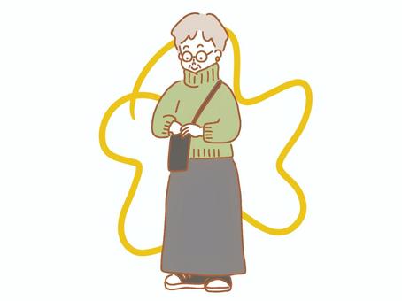 おしゃれなおばあちゃん おしゃれ,ファッション,おばあちゃん,おばあさん,高齢者,グレーヘア,ショートカット,メガネ,かわいい,シンプルのイラスト素材