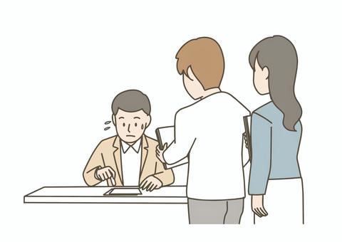 大量の書類にハンコを押すのが大変な若上司 上司,若手,男性,オフィスカジュアル,部下,ビジネス,会社員,社会人,書類,判子のイラスト素材