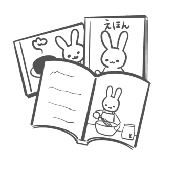 うさぎ絵本モノトーン 絵本,並べる,勢揃い,読書,読書習慣,本読み,読み聞かせ,イラスト,挿絵,手描きのイラスト素材