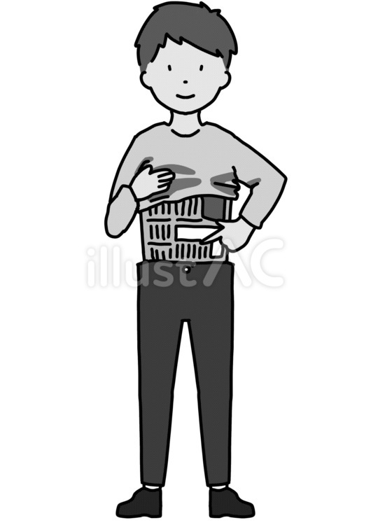 新聞紙を腹部に巻いた男性の全身　白黒 新聞紙,保温,予防のイラスト素材