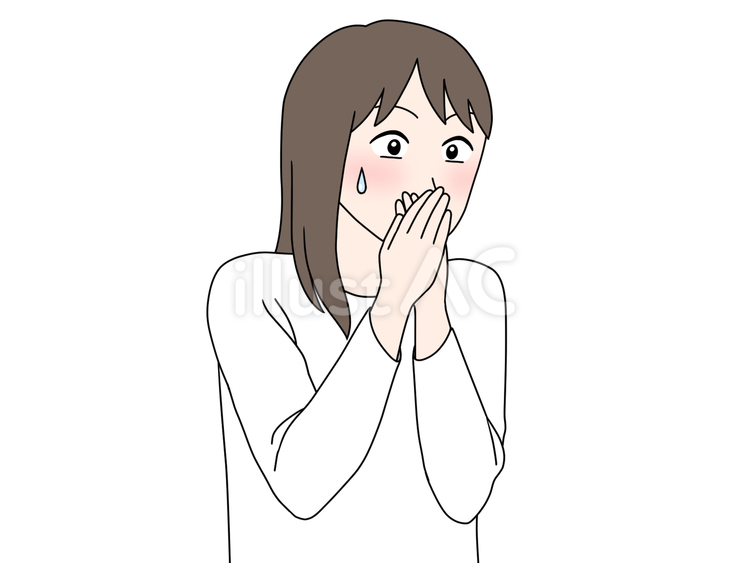 両手で口を塞いで驚く女性 唖然,汗,びっくりのイラスト素材