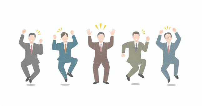 元気にはしゃぐスーツの男性セット 笑顔,人,人物,全身,ジャンプ,喜ぶ,会社員,従業員,ビジネスマン,サラリーマンのイラスト素材