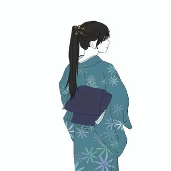 着物を着ている女性の後ろ姿 着物,浴衣,和風,和装,女性,レトロ,大正浪漫,帯,人物,服のイラスト素材