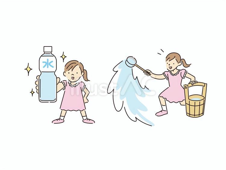水まきと水分補給で暑さ対策をする少女 少女,水まき,水分補給のイラスト素材