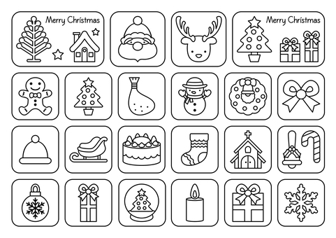 かわいいクリスマスアイコン-線画風 冬,クリスマス,イベント,サンタ,トナカイ,ツリー,家,クリスマスツリー,プレゼント,リボンのイラスト素材