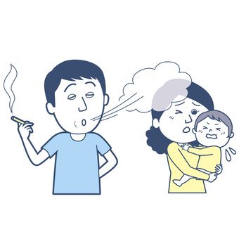 タバコを吸う男性と煙たがる親子_淡色版 男性,女性,子ども,タバコ,ニコチン,親子,母,子,スモーカー,喫煙のイラスト素材