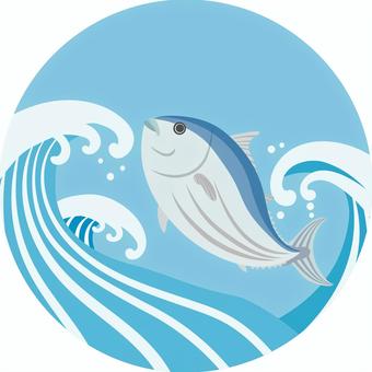丸に荒波に鰹 荒波,鰹,高波,波,フレーム,丸,海,水,泡,浮世絵のイラスト素材