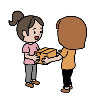 荷物を渡す人 段ボール,手渡し,運搬,荷物,主婦,女,普段着,日常のイラスト素材