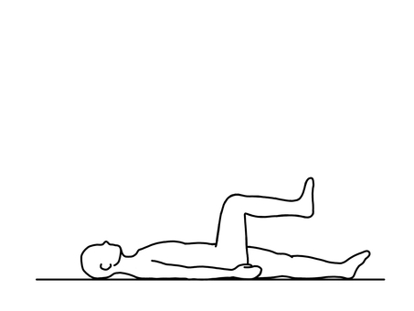 仰向けで片足の膝と股関節を直角に曲げる人 臥位,仰向け,膝屈曲,エクササイズ,横向き,線画,白黒のイラスト素材