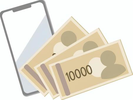 スマホと一万円札 スマートフォン,携帯電話,スマホ,電子機器,通信機器,通信,電話,ケータイ,メール,携帯のイラスト素材