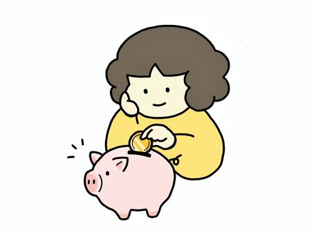 貯金する人 貯金,貯蓄,貯金箱,豚の貯金箱,こつこつ,お金,節約,ゆるい,かわいい,手描きのイラスト素材
