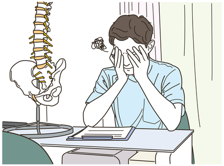 座りながら頭を抱える整体師の男性 整体師,ストレス,トラブル,カイロプラクター,整骨院,マッサージ師,デスクワーク,落ち込む,接骨院,後悔のイラスト素材