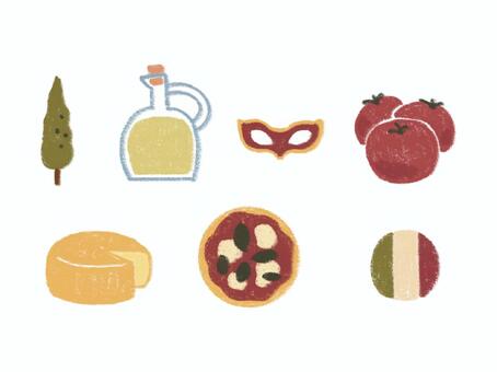 イタリアを感じる手描き素材セット イタリア,色鉛筆風,トマト,ピッツァ,ピザ,食べ物,国旗,チーズ,パルミジャーノレッジャーノ,オリーブオイルのイラスト素材