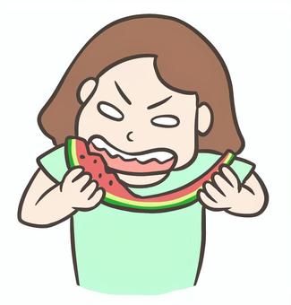 スイカ爆食、猛烈な勢いで食べる女性 スイカ,一気食い,爆食,大食い,ガツガツ,食べる,必死,すごい,形相,女性のイラスト素材