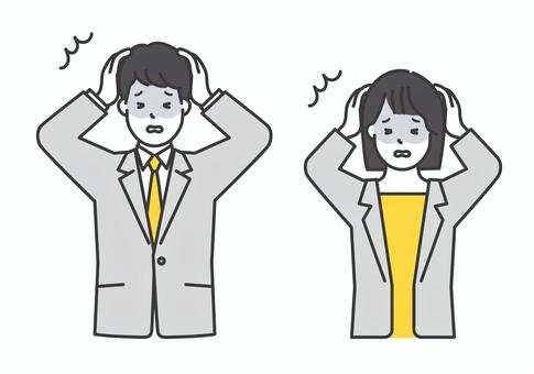 頭を抱えて青ざめる男女ビジネスパーソン 人物,女性,男性,ビジネスパーソン,頭を抱える,青ざめる,ショック,衝撃,不安,心配のイラスト素材