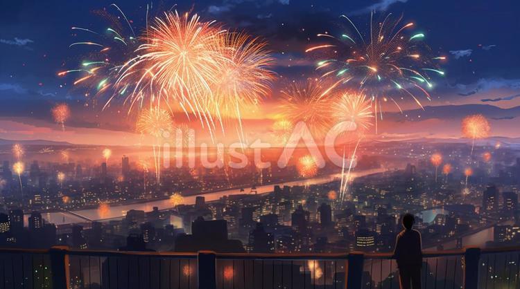 都会の川沿いに咲く花火大会 夏,花火,花火大会のイラスト素材