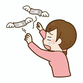 散財した女性 女性,お金,お札,飛んでいく,散財,金欠,破産,無駄遣い,泣く,悲しいのイラスト素材