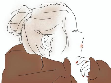 ゆるお団子をした女性の横顔 お団子,女性,横顔,ブラウンコーデ,アッシュヘア,グレージュ,アップヘア,ゆるまとめ髪,レッドネイル,おくれ毛のイラスト素材