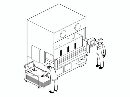 プレス機と作業員A（線画） プレス機,作業員,プレス,工員,製品,鍛圧,板金,成形,機械,設備のイラスト素材