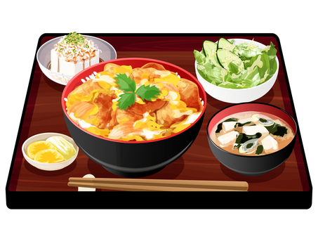 唐揚げ親子丼定食 唐揚げ親子丼,親子丼,定食,料理,食べ物,丼物,唐揚げ,卵,三つ葉,味噌汁のイラスト素材