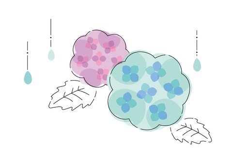 手描き風_初夏_A01_5 梅雨,紫陽花,雨,花,初夏,6月,雨粒,葉っぱ,手描き,手書きのイラスト素材