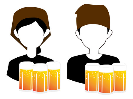 Male and female tavern clerk carrying beer, Male and female tavern clerk carrying beer, izakaya, catering industry, restaurants,