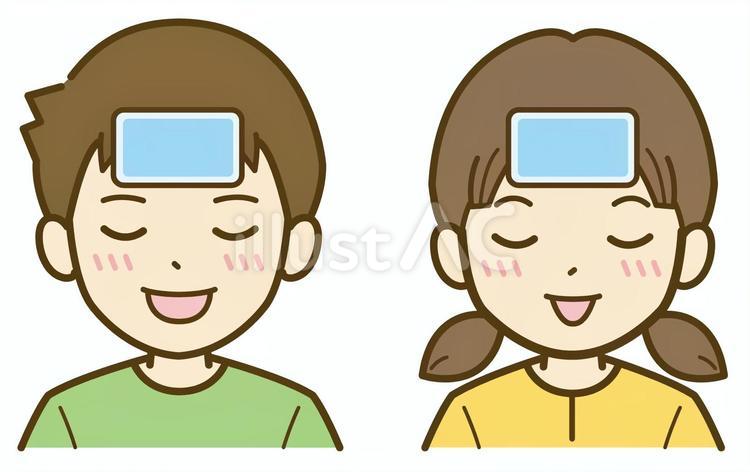 頭を冷やす男の子と女の子 冷却シート,ジェルシート,冷却ジェルシートのイラスト素材