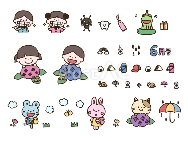 ６月のおたよりに使えるセット(太線) 歯,虫歯,キャラクターのイラスト素材