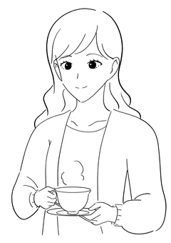 紅茶を飲む女性の白黒イラスト 紅茶,お茶,飲む,ホットティー,女性,リラックス,休憩,冬,長袖,上半身のイラスト素材