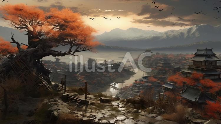 アジア風の建物と自然景観 アジア,山,紅葉のイラスト素材