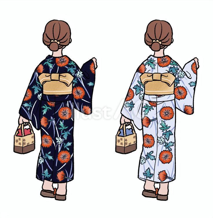 浴衣を着ている女性(後ろ姿) 女性,かわいい,シンプルのイラスト素材