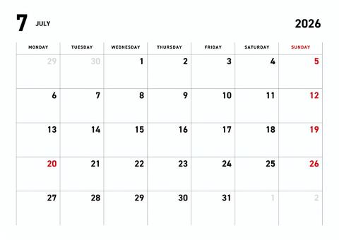 月曜始まり2026年7月カレンダーA4 カレンダー,スケジュール,印刷,横型,月曜始まり,シンプル,スタイリッシュ,月曜日,火曜日,水曜日のイラスト素材