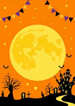 Halloween2582 月,旗,星,お城,夜,木,コウモリ,ガーランド,オレンジ色,かわいいのイラスト素材
